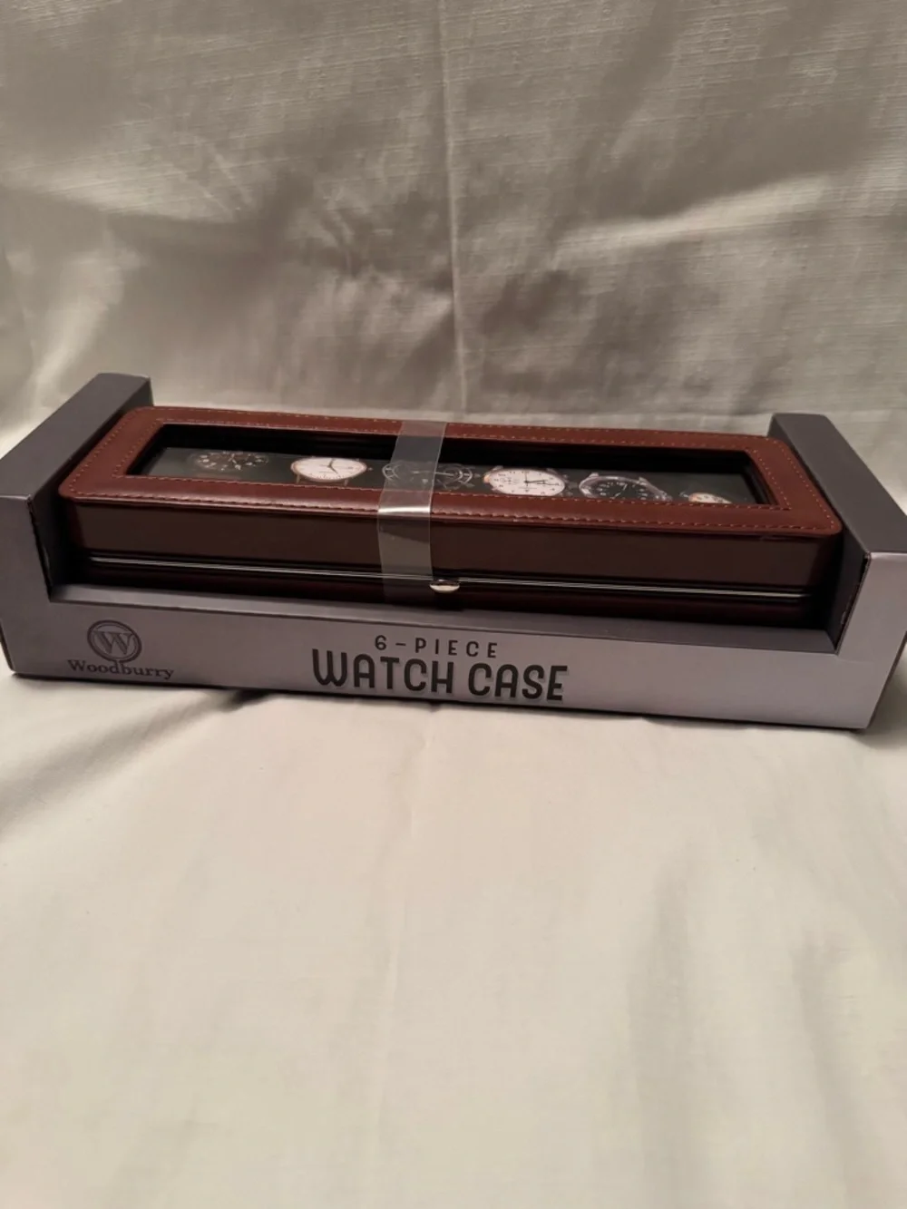 Woodburry 6-Piece Watch Case Rich Brown Faux Leather with Glass Display Lid